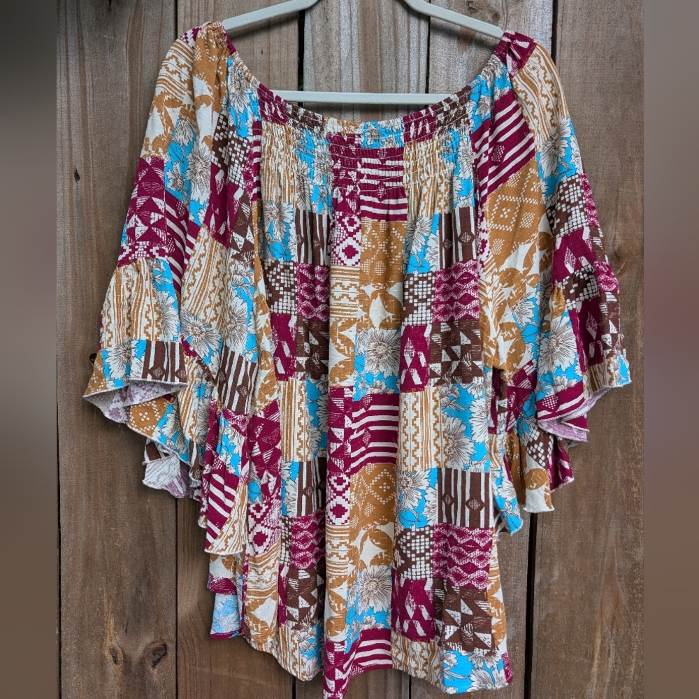 Cato Plus Size Patchwork Patterned Multicolor Bell Sleeve Blouse - Picture 6 of 12